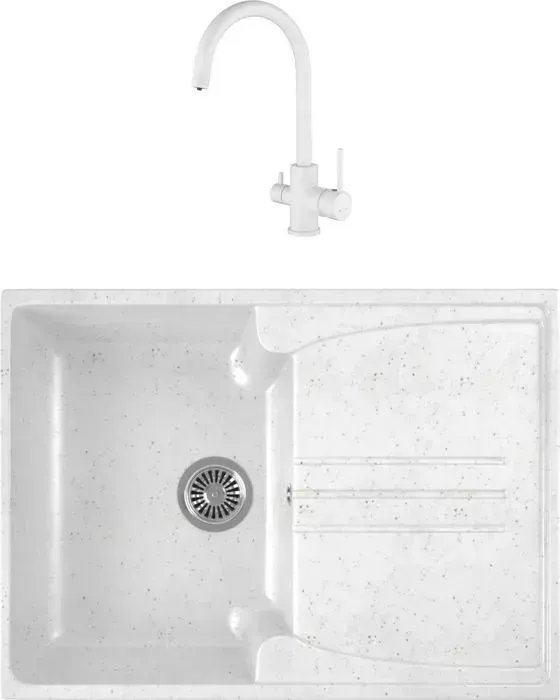 Мойка кухонная и смеситель GREENSTONE и смеситель GRS-40s-331 Kaiser Merkur 26744-4 с сифоном, белая