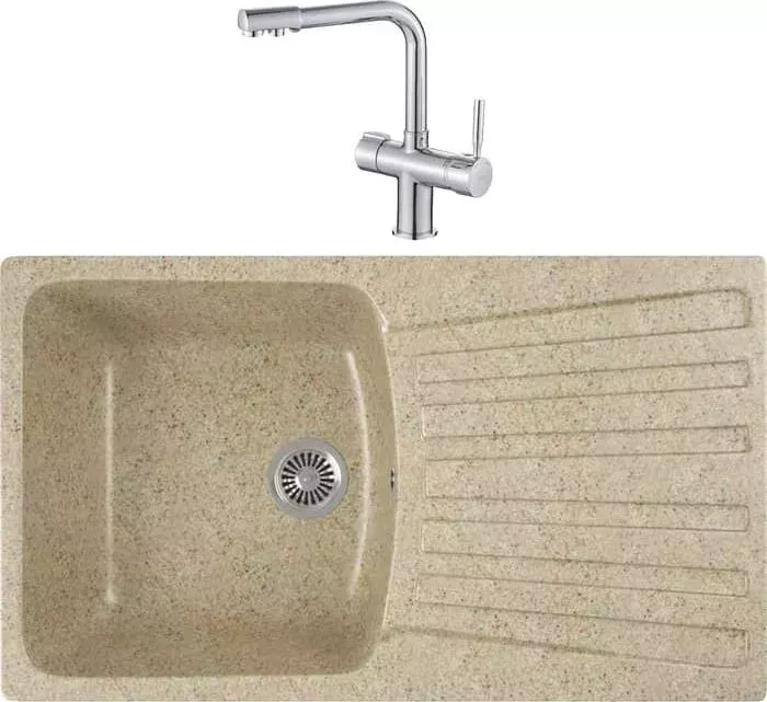 Мойка кухонная и смеситель GREENSTONE и смеситель GRS-12-302 Haiba HB70088 с сифоном, песочная