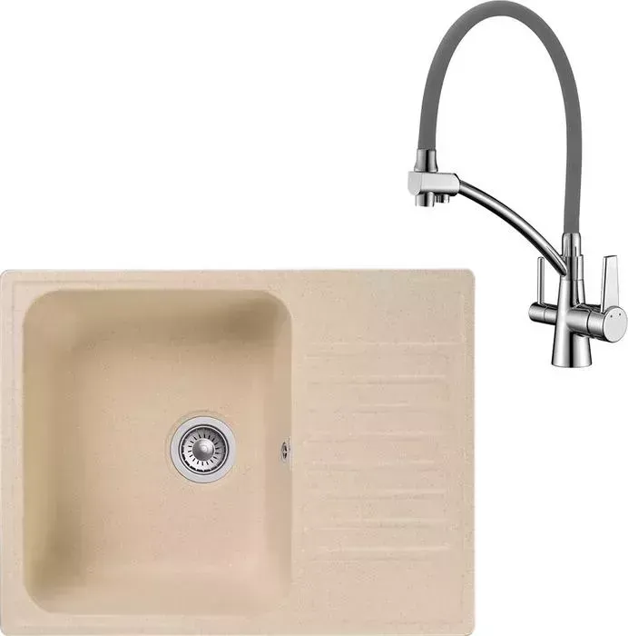 Мойка кухонная и смеситель GranFest и смеситель Quarz GF-Z13, Lemark Comfort LM3071C-Gray с сифоном, бежевая