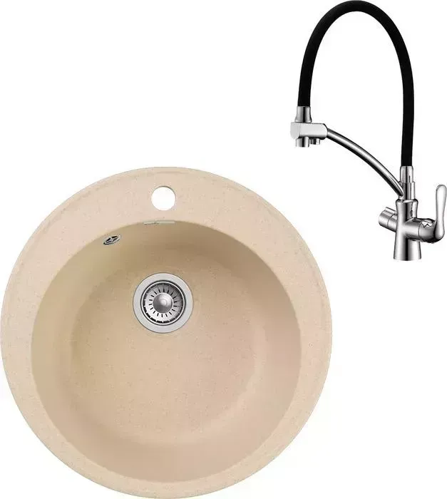 Мойка кухонная и смеситель GranFest и смеситель Quarz GF-Z08, Lemark Comfort LM3070C с сифоном, бежевая