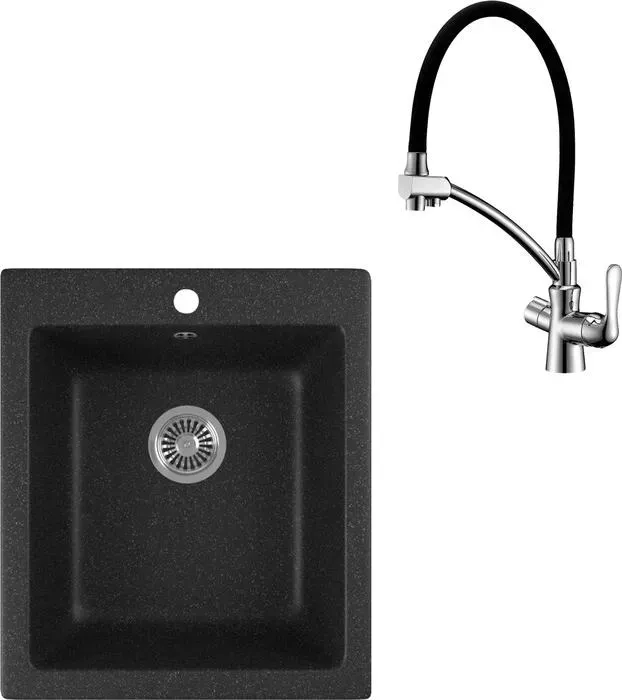Мойка кухонная и смеситель GREENSTONE и смеситель GRS-17-308 Lemark Comfort LM3070C с сифоном, черная