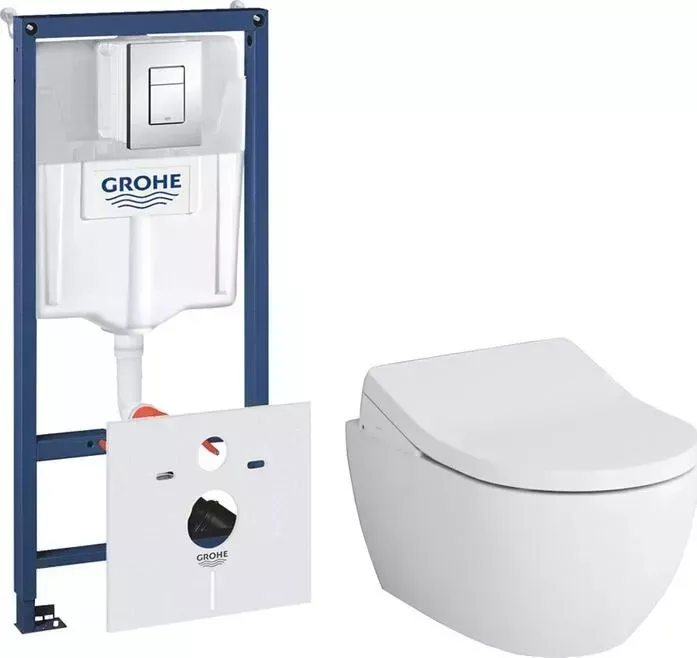 Комплект унитаза с инсталляцией Am.Pm Awe с Grohe, клавиша хром, крышка-биде микролифт (C111738WH, CCC7853WH, 38775001)
