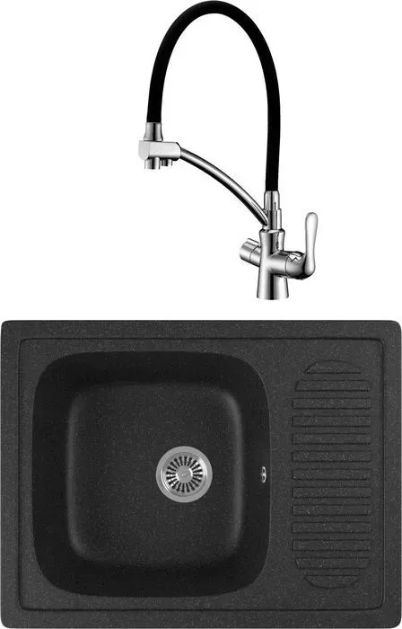 Мойка кухонная и смеситель GREENSTONE и смеситель GRS-13-308 Lemark Comfort LM3070C с сифоном, черная