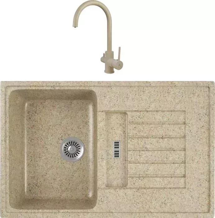 Мойка кухонная и смеситель GREENSTONE и смеситель GRS-24-302 Kaiser Merkur R 26744-16 с сифоном, песочный