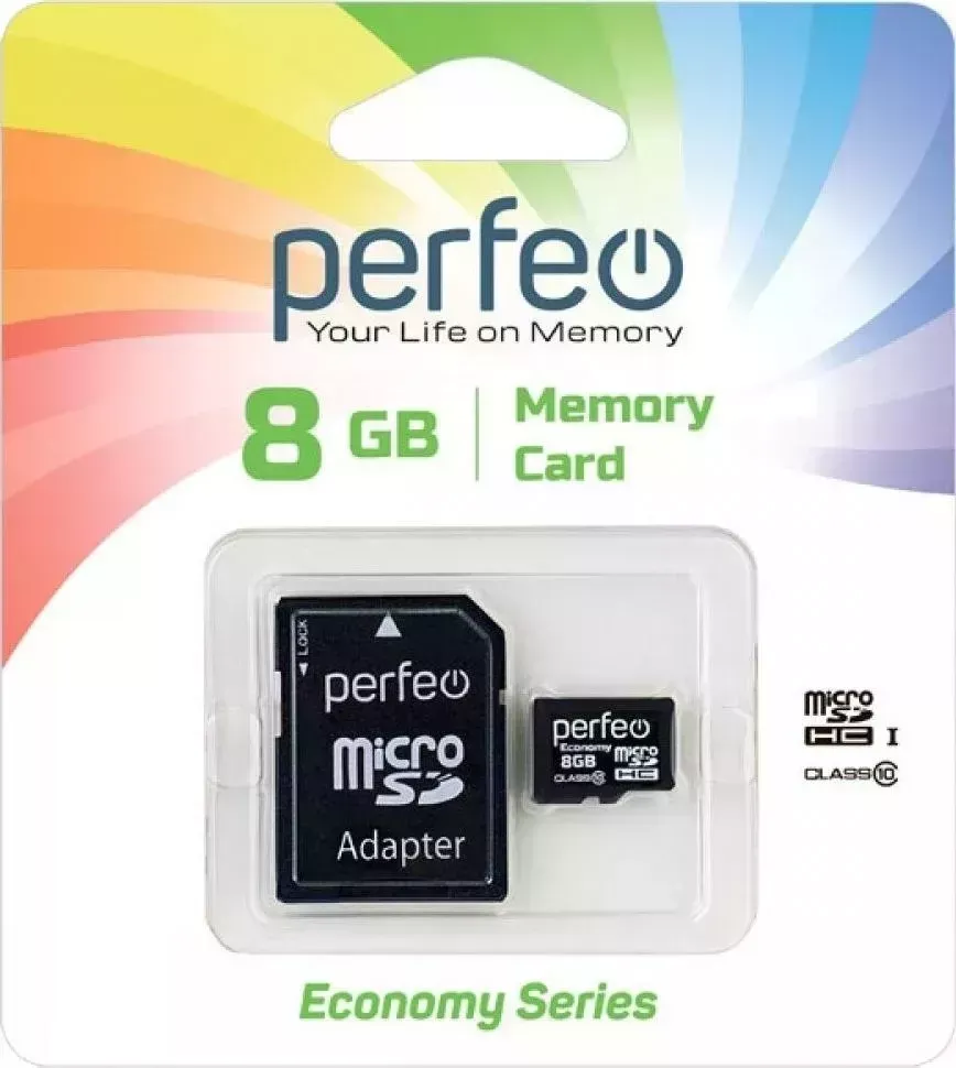 Карта памяти Perfeo MicroSDHC 8GB Class10 + адаптер ECONOMY SERIES