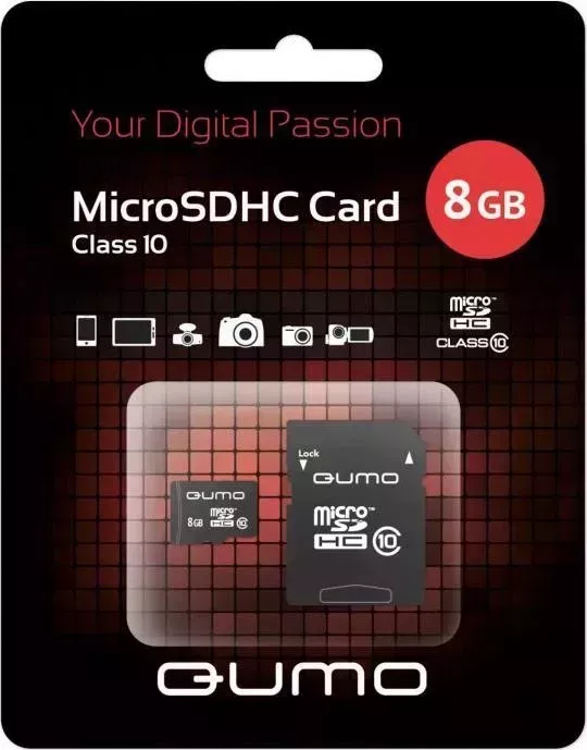 SD карта QUMO MicroSDHC 8GB Class10 (+ адаптер)