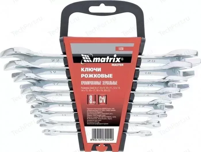 Набор ключей MATRIX рожковых 8шт (6-22 мм) Elliptical CrV (15238)