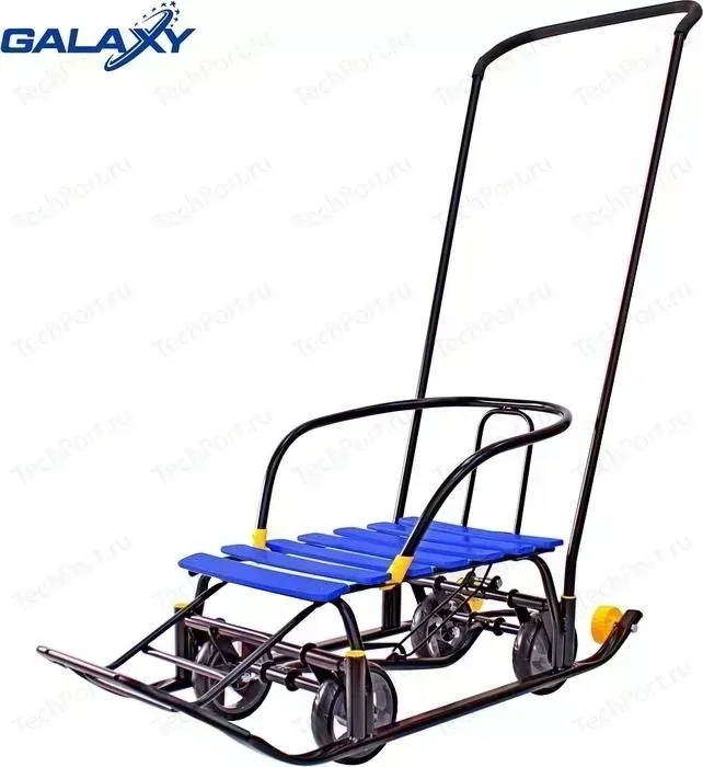 Санки GALAXY Snow Black Auto синие рейки на больших мягких колесах