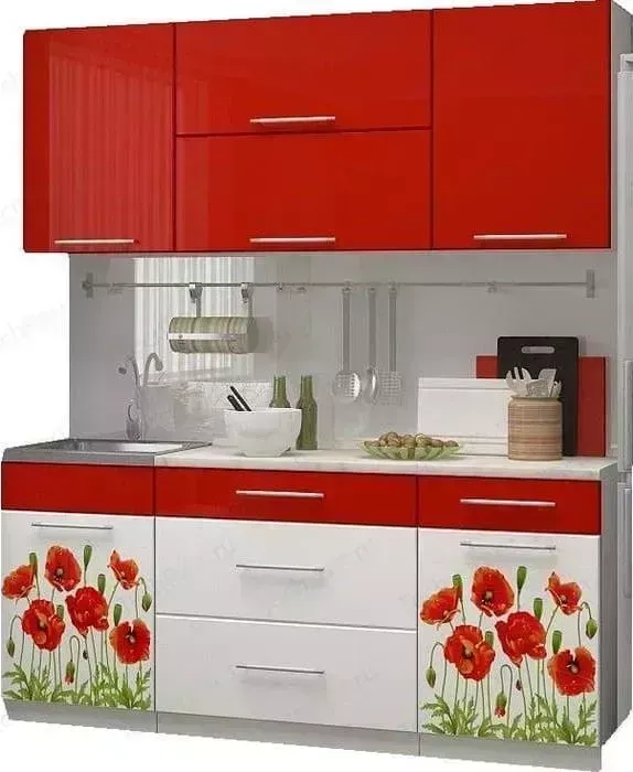 Кухонный гарнитур Миф Маки 1,8 м, красная с фотопечатью
