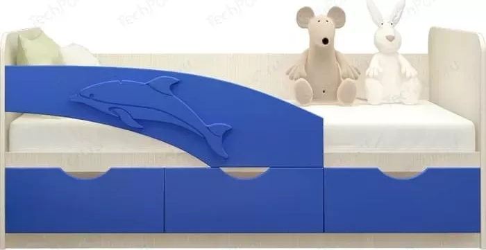 Кровать детская Миф Дельфин 1,8м, дуб беленый/синий ПВХ