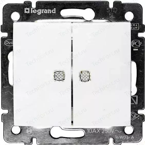 Выключатель двухклавишный Legrand СП Valena 10А IP31 с зел. инд. белый (774428)