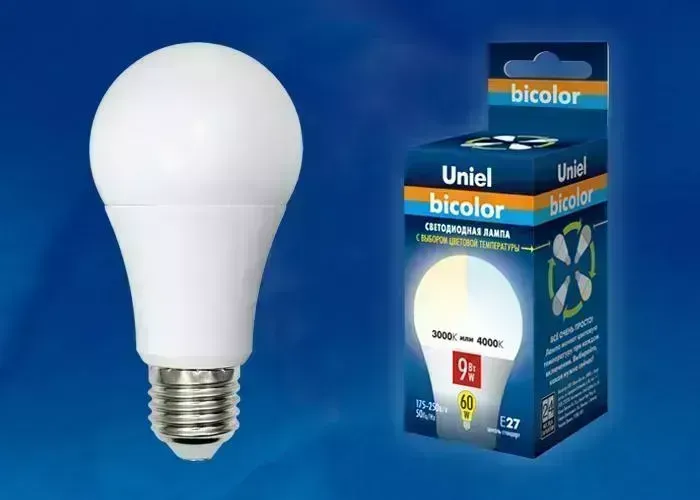 Лампа светодиодная UNIEL LED-A60-9W/WW+NW/E27/FR PLB01WH
