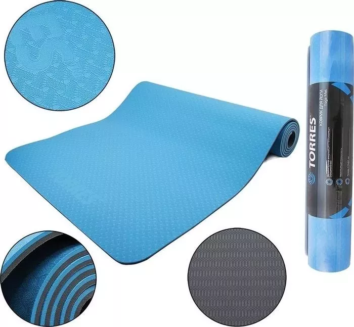 Коврик для йоги TORRES Comfort 6, TPE 6 мм, сине-серый