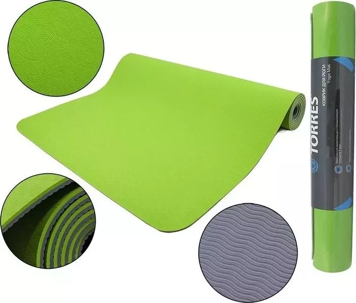 Коврик для йоги TORRES Comfort4, TPE 4 мм, зелено-серый