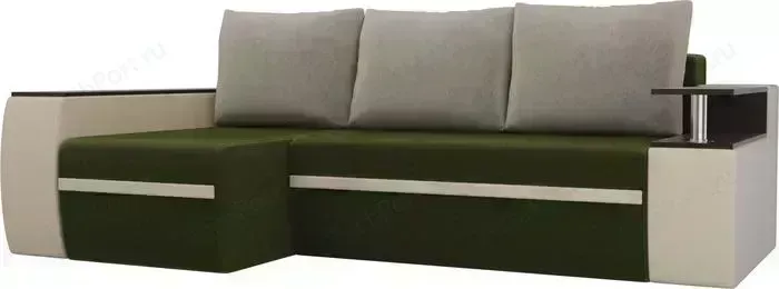 Диван угловой АртМебель Майами микровельвет зеленый/экокожа бежевый левый угол