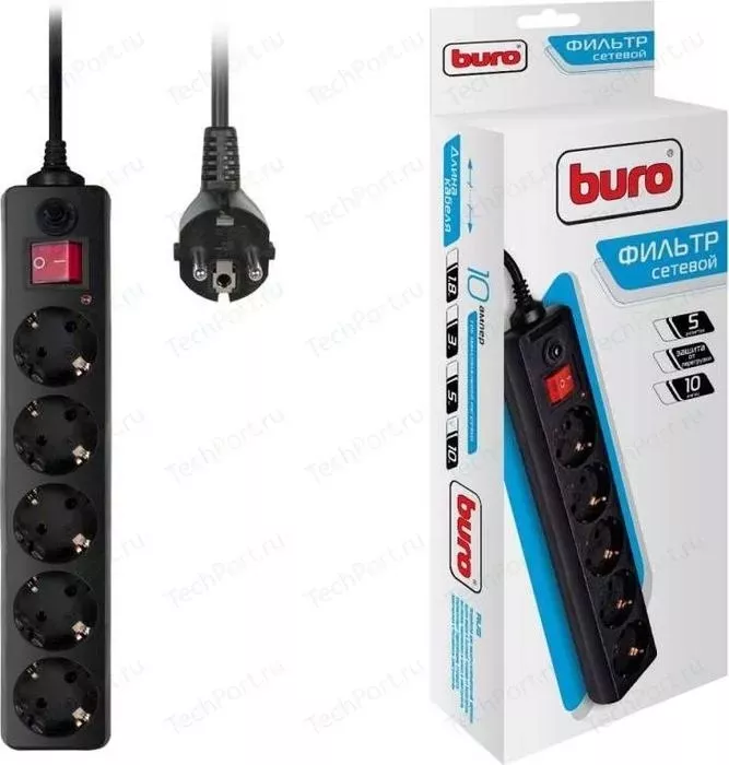Сетевой фильтр BURO 500SH-10-B 10м (5 розеток) черный