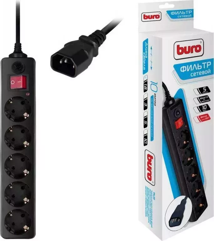 Сетевой фильтр BURO 500SH-1.8-UPS-B 1.8м, 5 розеток, черный