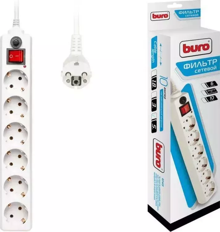 Сетевой фильтр BURO 600SH-5-W 5м, 6 розеток, белый