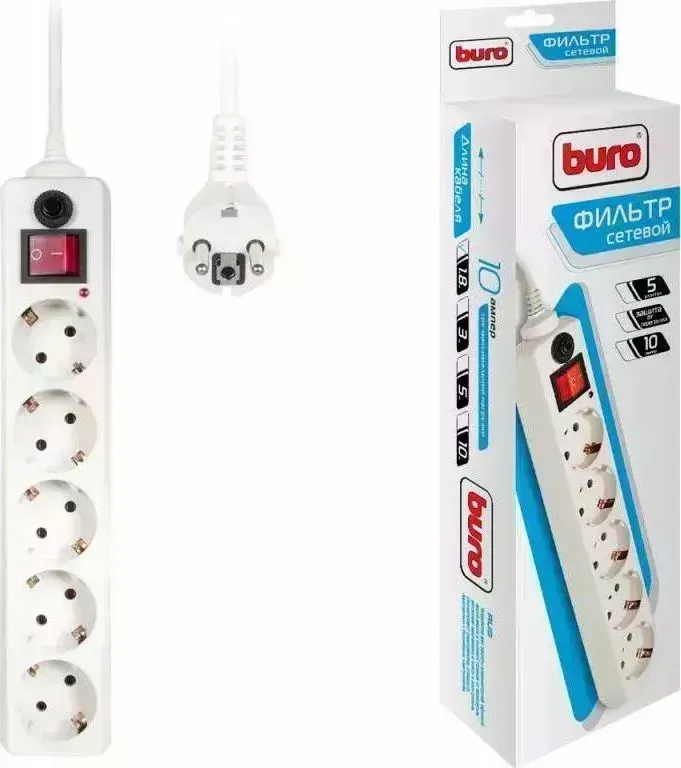 Сетевой фильтр BURO 500SH-1.8-W 1.8м, 5 розеток, белый