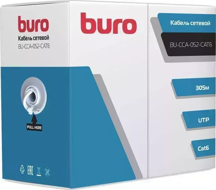 Кабель BURO сетевой (витая пара) BU-CCA-052-CAT6 UTP 4 пары cat6 solid 0.52мм CCA 305м серый