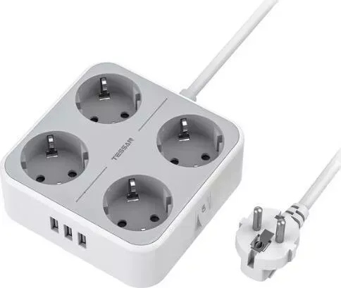 Сетевой фильтр TESSAN TS-302 с кнопкой питания на 4 розетки и 3 USB, White