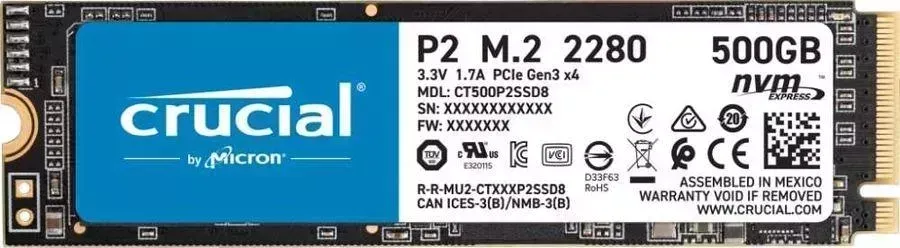 SSD накопитель Crucial P2 500Gb/M.2 2280/PCI-E x4 (CT500P2SSD8)