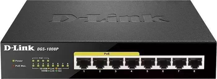 Коммутатор D-LINK DGS-1008P/E1A 8G 4PoE+ 80W неуправляемый