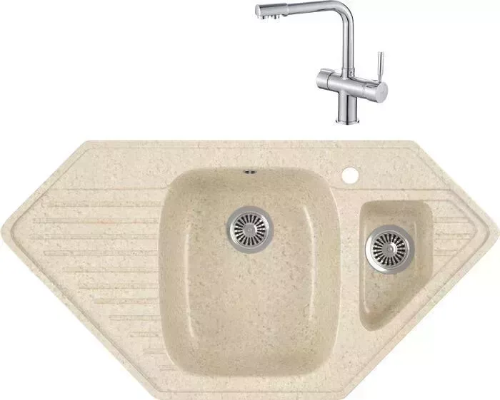 Мойка кухонная и смеситель GREENSTONE и смеситель GRS-10K-328 Haiba HB70088 с сифоном, бежевая