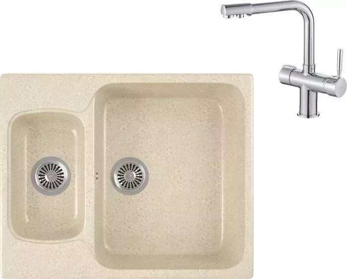 Мойка кухонная и смеситель GREENSTONE и смеситель GRS-09-328 Haiba HB70088 с сифоном, бежевая