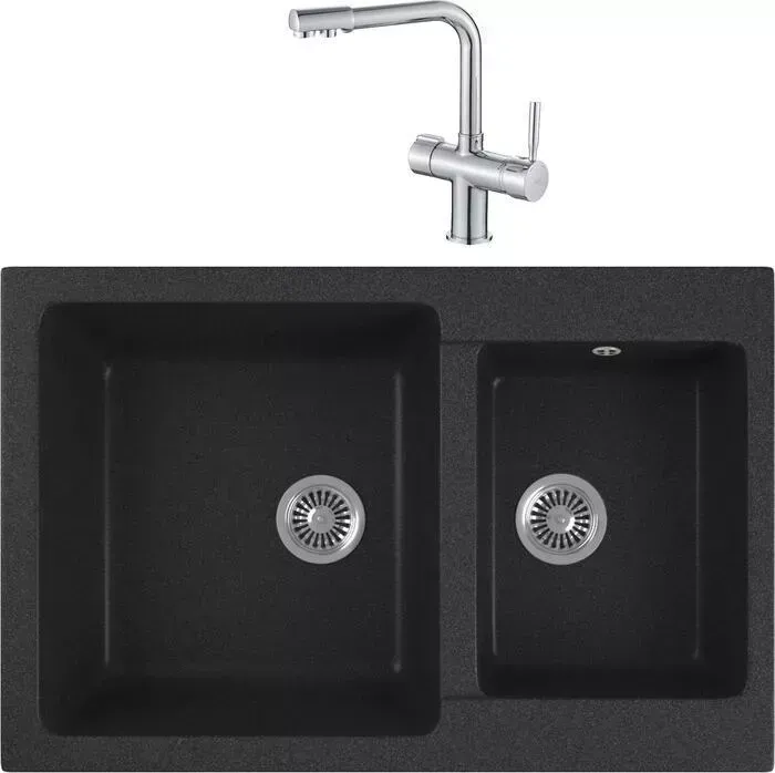 Мойка кухонная и смеситель GREENSTONE и смеситель GRS-76k-343 Haiba HB70088 с сифоном, антрацит