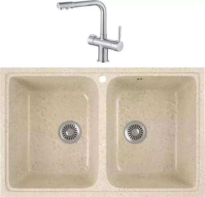 Мойка кухонная и смеситель GREENSTONE и смеситель GRS-15-328 Haiba HB70088 с сифоном, бежевая