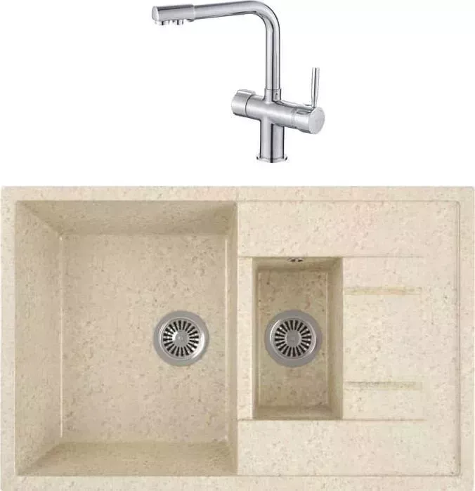 Мойка кухонная и смеситель GREENSTONE и смеситель GRS-21K-328 Haiba HB70088 с сифоном, бежевая