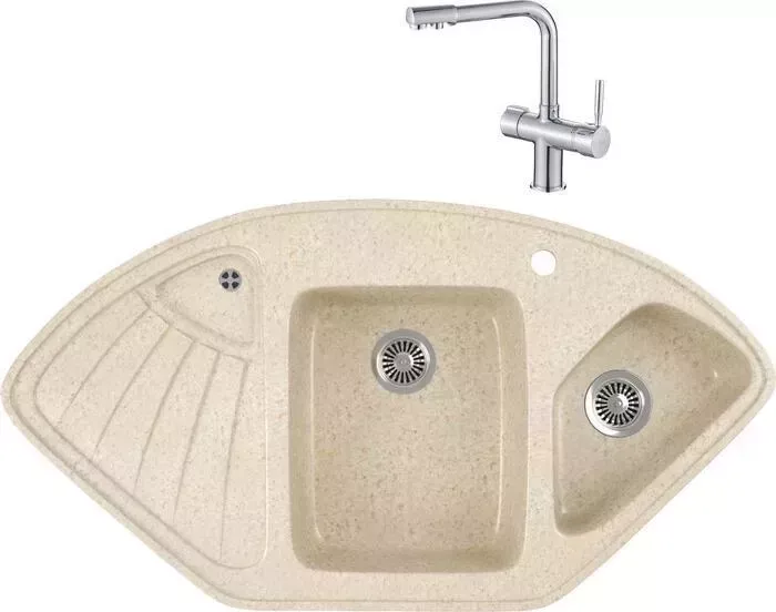 Мойка кухонная и смеситель GREENSTONE и смеситель GRS-14K-328 Haiba HB70088 с сифоном, бежевая
