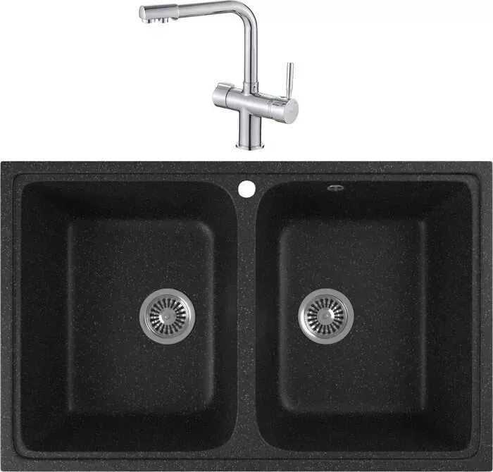 Мойка кухонная и смеситель GREENSTONE и смеситель GRS-15-308 Haiba HB70088 с сифоном, черная