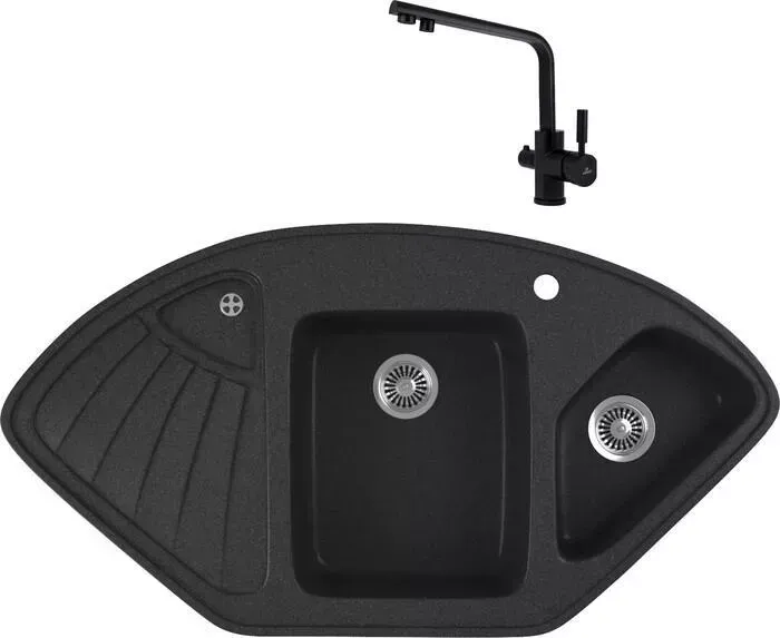 Мойка кухонная и смеситель GREENSTONE и смеситель GRS-14K-343 Kaiser Decor 40144-9 с сифоном, антрацит