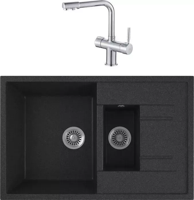 Мойка кухонная и смеситель GREENSTONE и смеситель GRS-21K-343 Haiba HB70088 с сифоном, антрацит