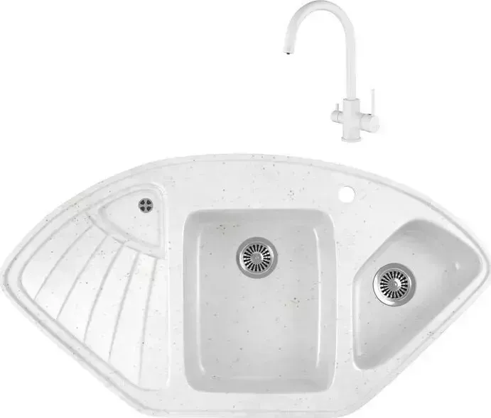 Мойка кухонная и смеситель GREENSTONE и смеситель GRS-14K-331 Kaiser Merkur 26744-4 с сифоном, белая