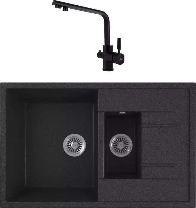 Мойка кухонная и смеситель GREENSTONE и смеситель GRS-21K-343 Kaiser Decor 40144-9 с сифоном, антрацит