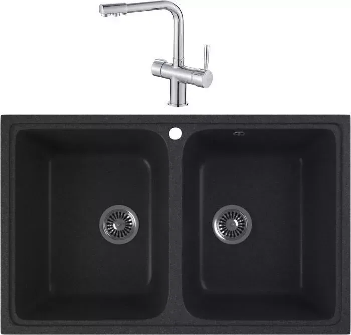 Мойка кухонная и смеситель GREENSTONE и смеситель GRS-15-343 Haiba HB70088 с сифоном, антрацит