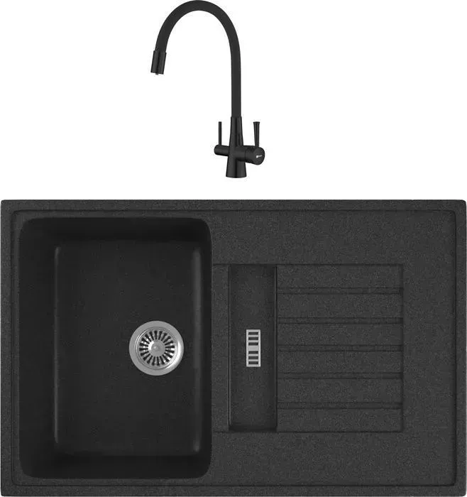 Мойка кухонная и смеситель GREENSTONE и смеситель GRS-24-343 Lemark Comfort LM3075BL с сифоном, антрацит