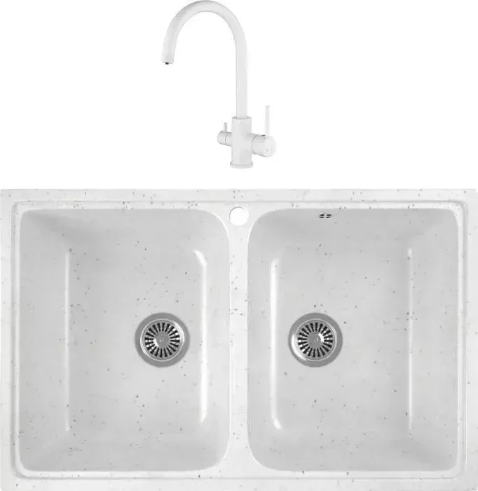 Мойка кухонная и смеситель GREENSTONE и смеситель GRS-15-331 Kaiser Merkur 26744-4 с сифоном, белая