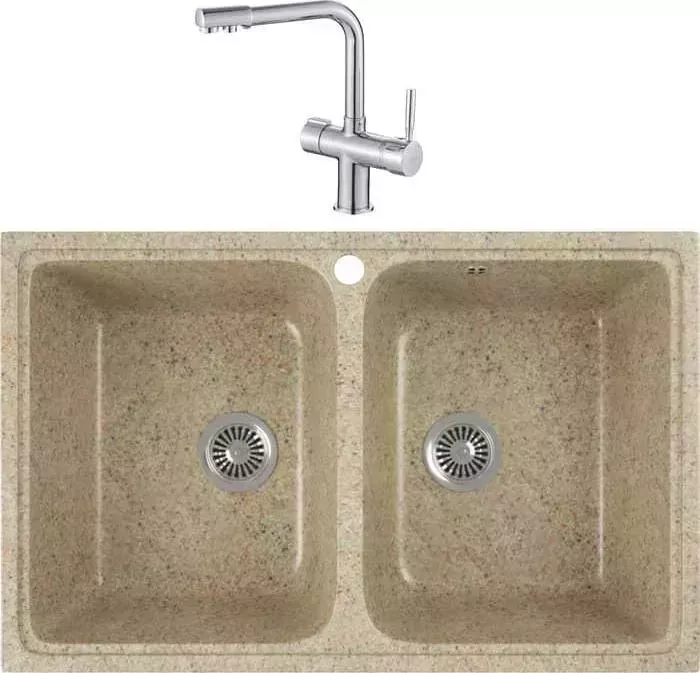 Мойка кухонная и смеситель GREENSTONE и смеситель GRS-15-302 Haiba HB70088 с сифоном, песочная