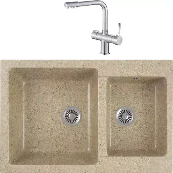 Мойка кухонная и смеситель GREENSTONE и смеситель GRS-76k-302 Haiba HB70088 с сифоном, песочная