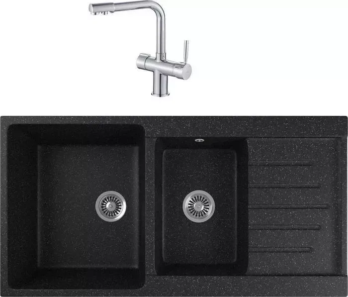 Мойка кухонная и смеситель GREENSTONE и смеситель GRS-98k-308 Haiba HB70088 с сифоном, черная