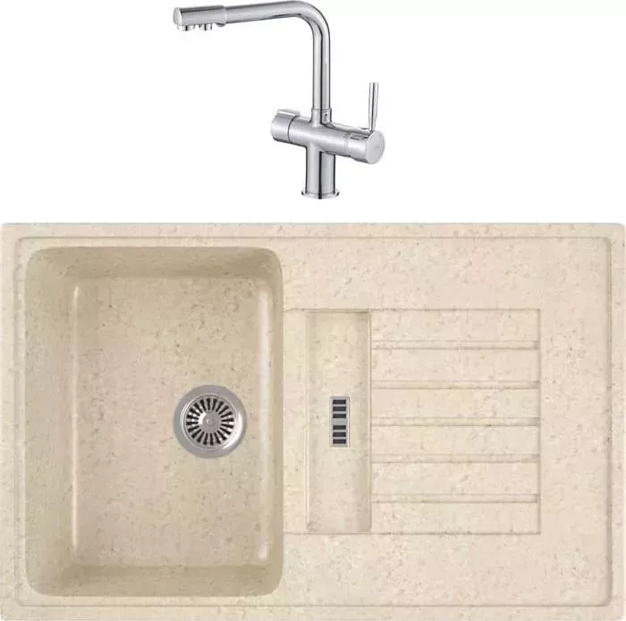 Мойка кухонная и смеситель GREENSTONE и смеситель GRS-24-328 Haiba HB70088 с сифоном, бежевая