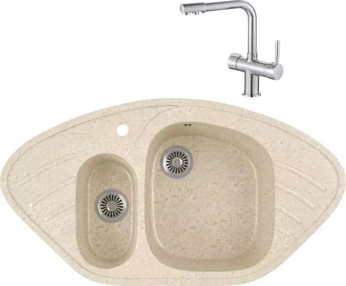 Мойка кухонная и смеситель GREENSTONE и смеситель GRS-14-328 Haiba HB70088 с сифоном, бежевая