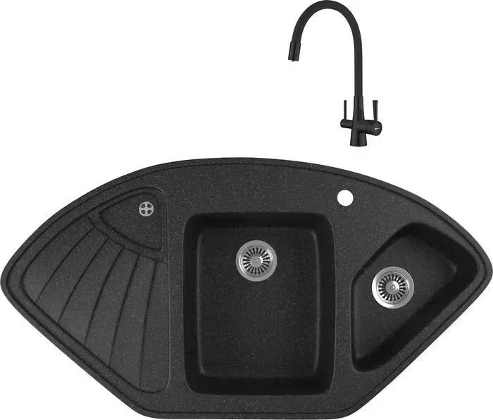 Мойка кухонная и смеситель GREENSTONE и смеситель GRS-14K-308 Lemark Comfort LM3075BL с сифоном, черная