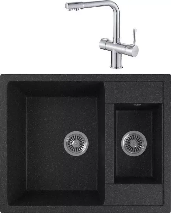 Мойка кухонная и смеситель GREENSTONE и смеситель GRS-21-308 Haiba HB70088 с сифоном, черная