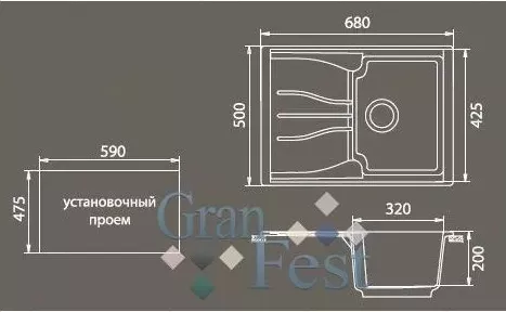 Фото №2 Мойка кухонная GranFest гранит 680x500 (Gf-S680L черная)