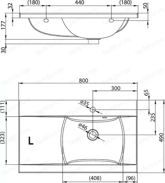 Раковина мебельная RAVAK classic 800 l белая с отверстиями (XJDL1180000)